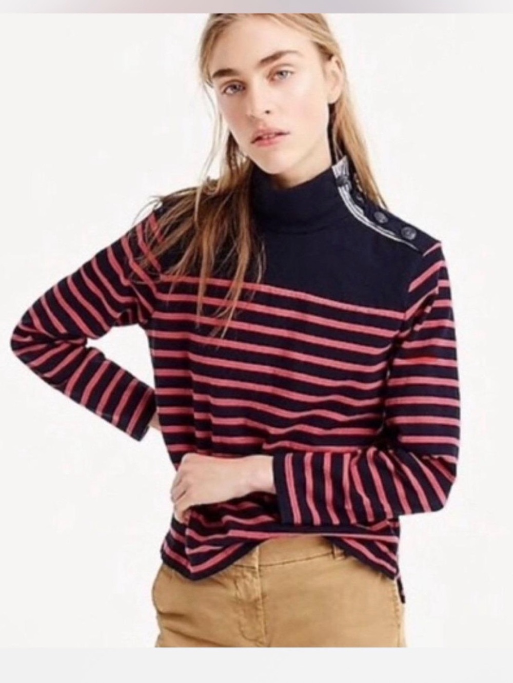 J. Crew Navy and Pink Striped Turtleneck Sweater